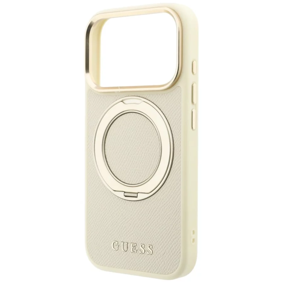 Etui Guess Ring Stand 360 Grained Classic Logo MagSafe na iPhone 18 Pro Max / 17 Pro Max - beżowe