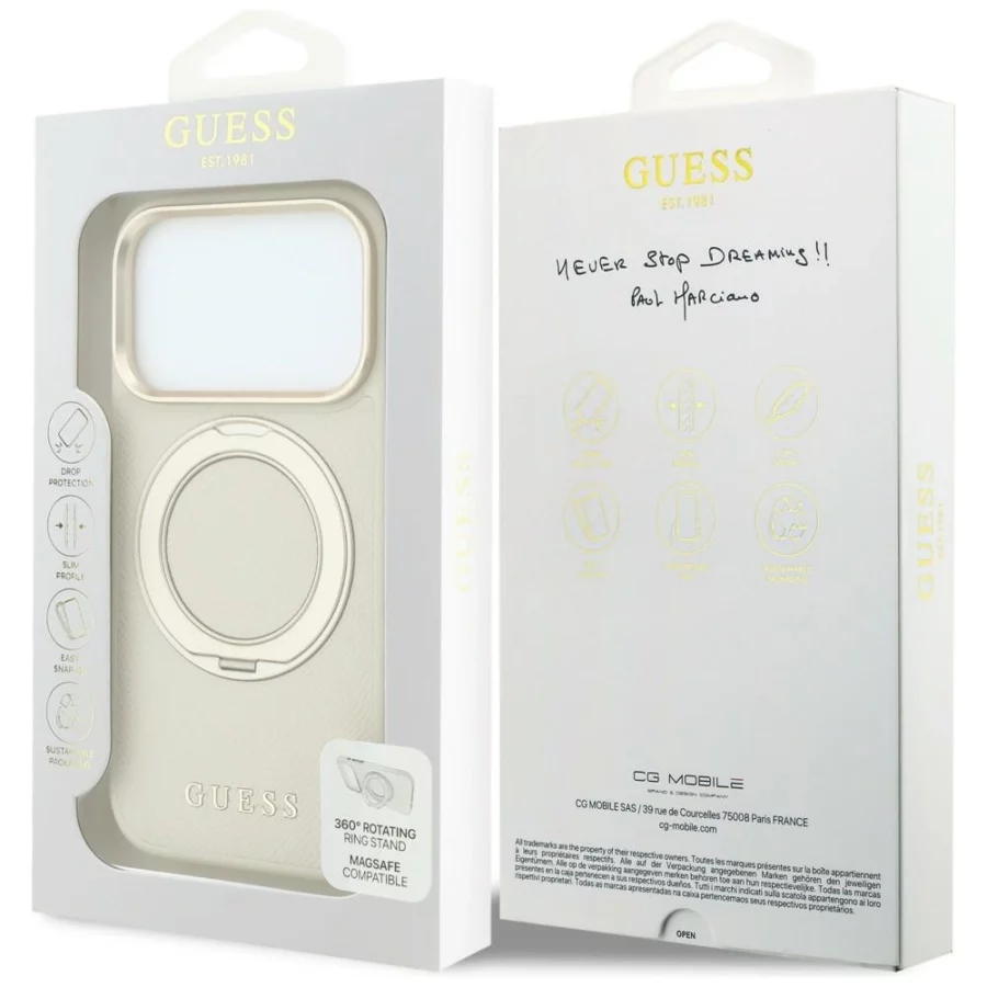 Etui Guess Ring Stand 360 Grained Classic Logo MagSafe na iPhone 18 Pro Max / 17 Pro Max - beżowe