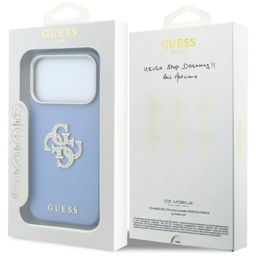 Etui Guess Smooth & Big Strass Logo na iPhone 18 Pro Max / 17 Pro Max - niebieskie