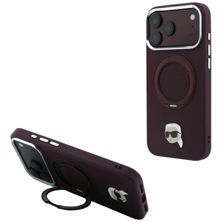 Etui Karl Lagerfeld with Ring Stand 360 Karl Head Pin MagSafe na iPhone 18 Pro / 17 Pro - burgundowe