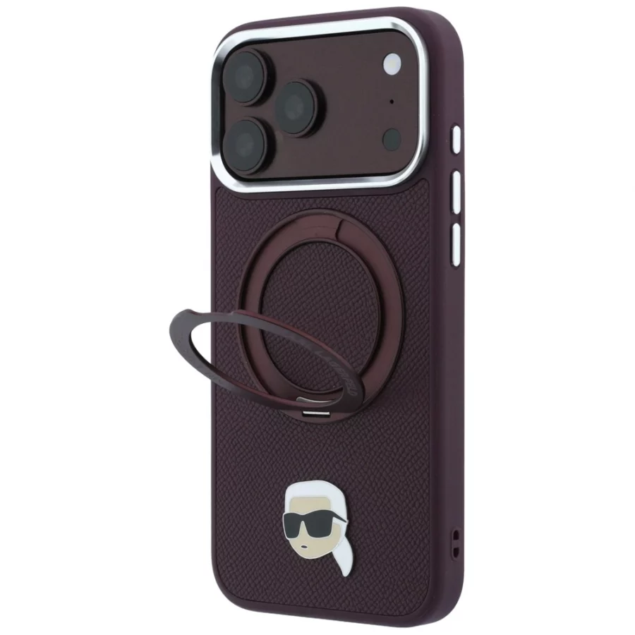 Etui Karl Lagerfeld with Ring Stand 360 Karl Head Pin MagSafe na iPhone 18 Pro / 17 Pro - burgundowe