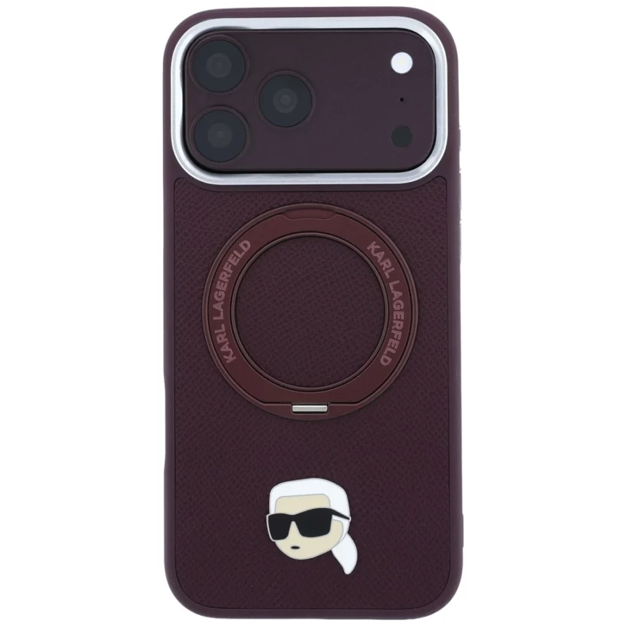 Etui Karl Lagerfeld with Ring Stand 360 Karl Head Pin MagSafe na iPhone 18 Pro / 17 Pro - burgundowe