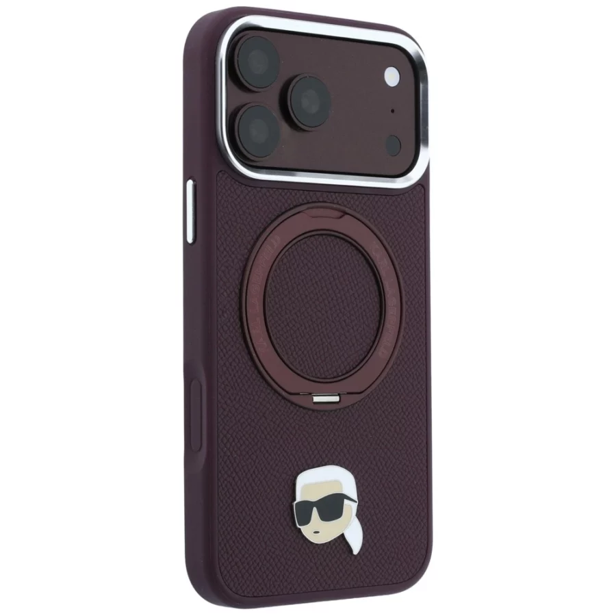 Etui Karl Lagerfeld with Ring Stand 360 Karl Head Pin MagSafe na iPhone 18 Pro / 17 Pro - burgundowe