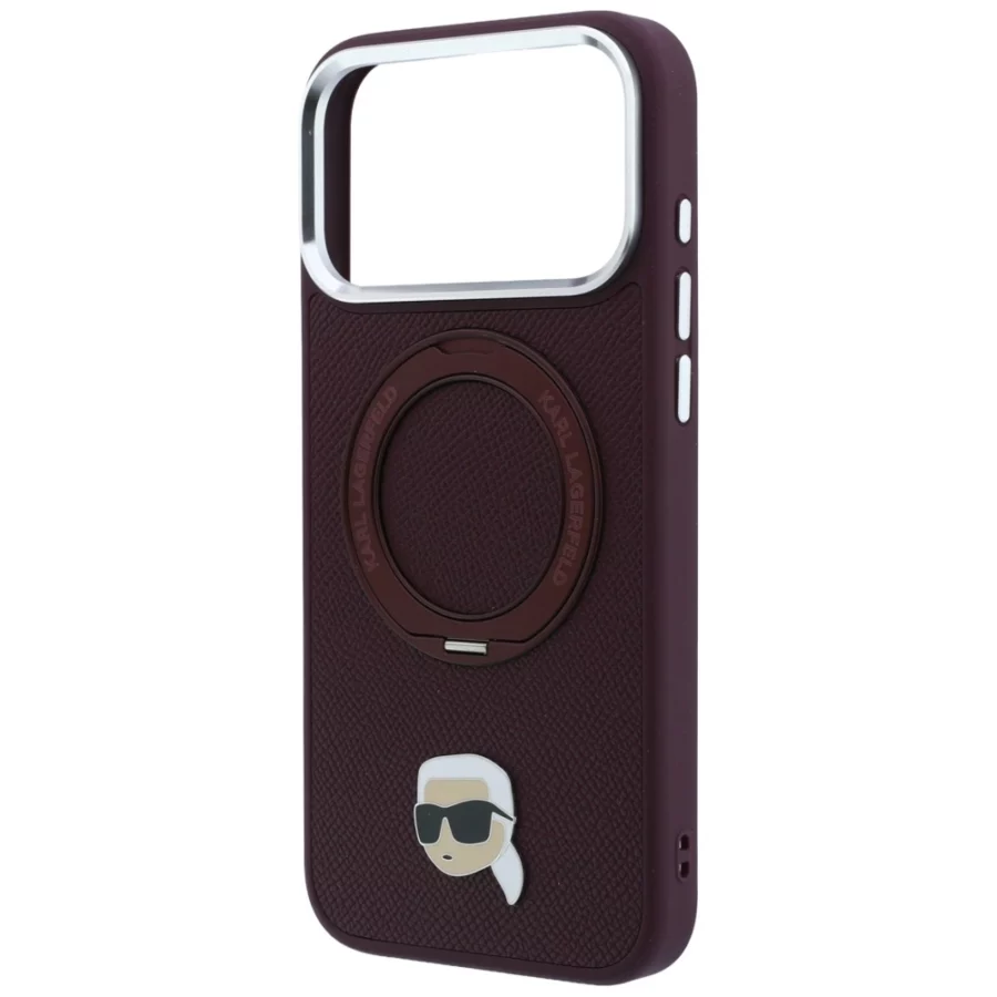 Etui Karl Lagerfeld with Ring Stand 360 Karl Head Pin MagSafe na iPhone 18 Pro / 17 Pro - burgundowe