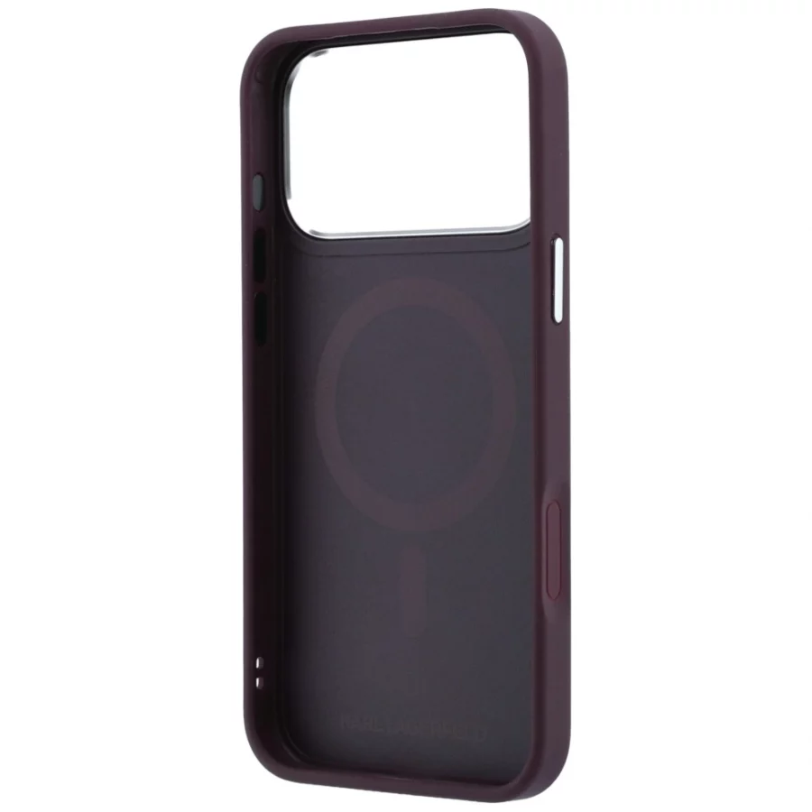 Etui Karl Lagerfeld with Ring Stand 360 Karl Head Pin MagSafe na iPhone 18 Pro / 17 Pro - burgundowe
