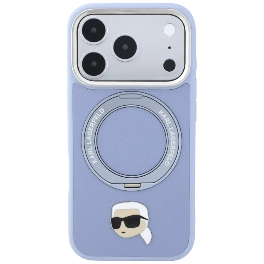 Etui Karl Lagerfeld with Ring Stand 360 Karl Head Pin MagSafe na iPhone 18 Pro / 17 Pro - jasnoniebieskie