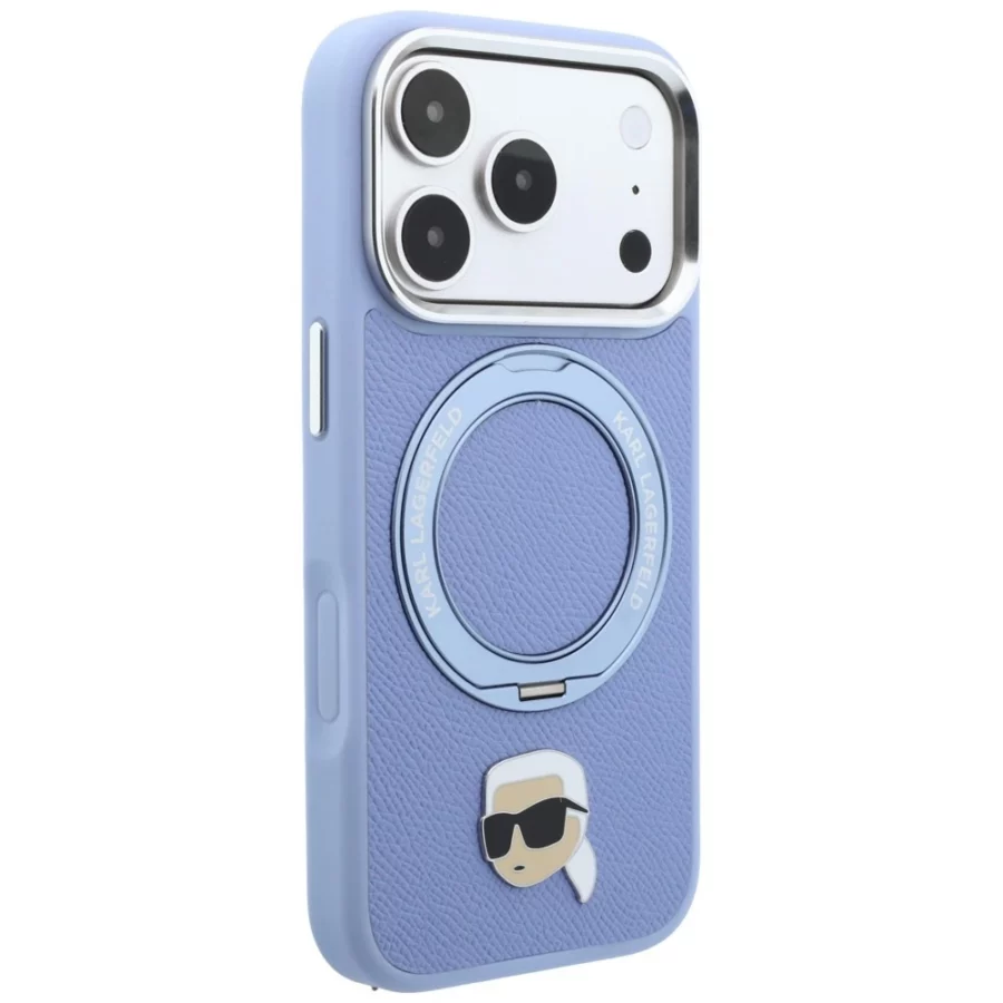 Etui Karl Lagerfeld with Ring Stand 360 Karl Head Pin MagSafe na iPhone 18 Pro / 17 Pro - jasnoniebieskie