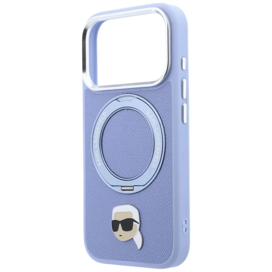 Etui Karl Lagerfeld with Ring Stand 360 Karl Head Pin MagSafe na iPhone 18 Pro / 17 Pro - jasnoniebieskie