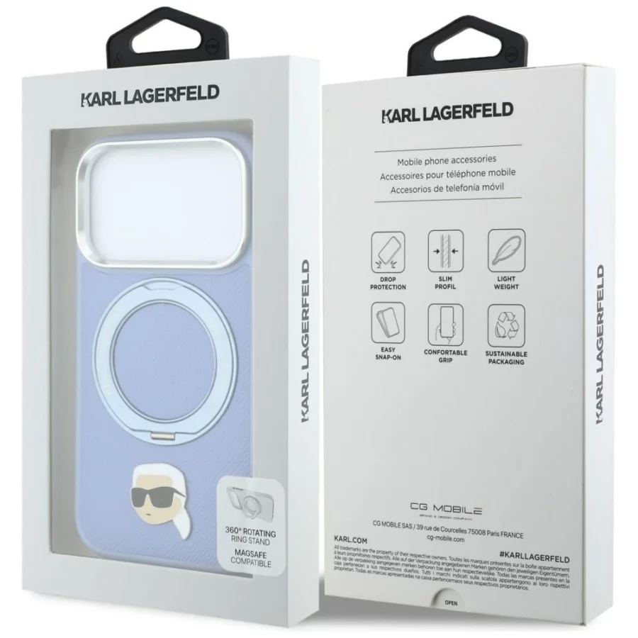 Etui Karl Lagerfeld with Ring Stand 360 Karl Head Pin MagSafe na iPhone 18 Pro / 17 Pro - jasnoniebieskie