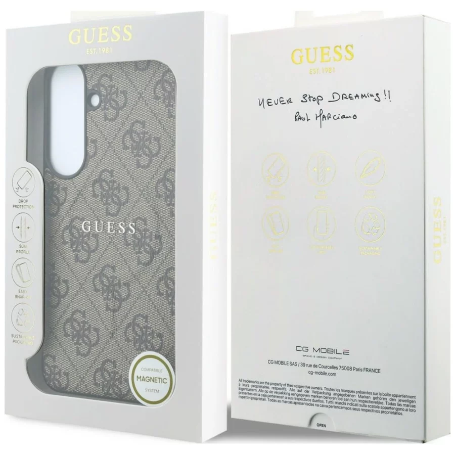 Etui Guess Embossed 4G Ring Classic Logo MagSafe do Samsung Galaxy S26 FE brązowy