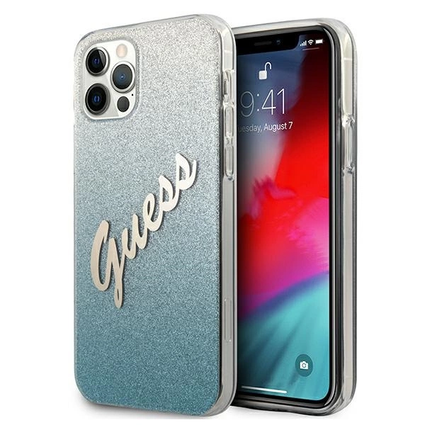 Etui Guess Glitter Gradient Script na iPhone 12 Pro Max - niebieskie