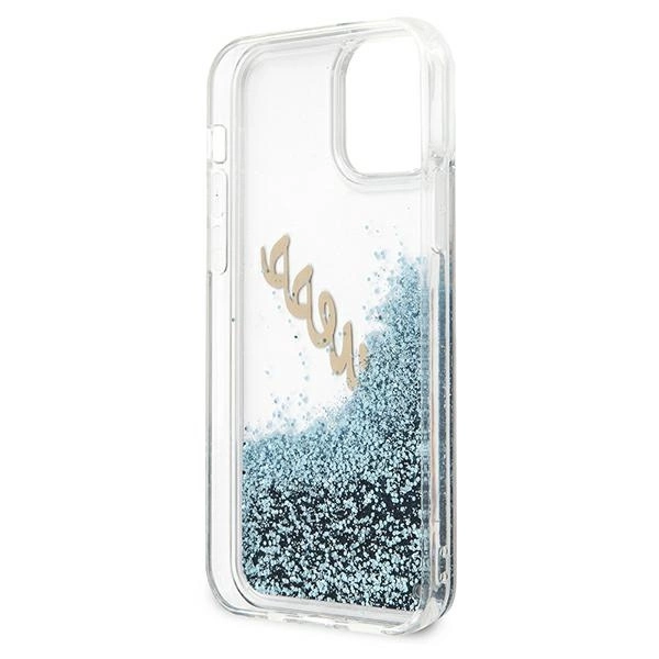 Etui Guess Glitter Vintage Script na iPhone 12 Pro Max - niebieskie