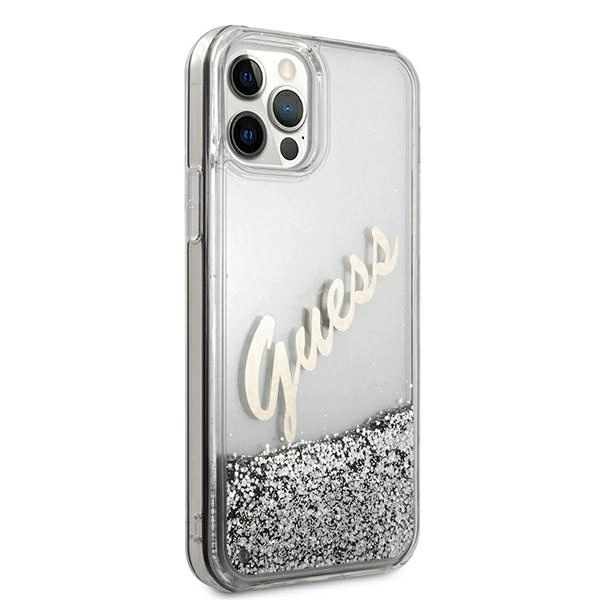 Etui Guess Glitter Vintage Script na iPhone 12 Pro Max - srebrne