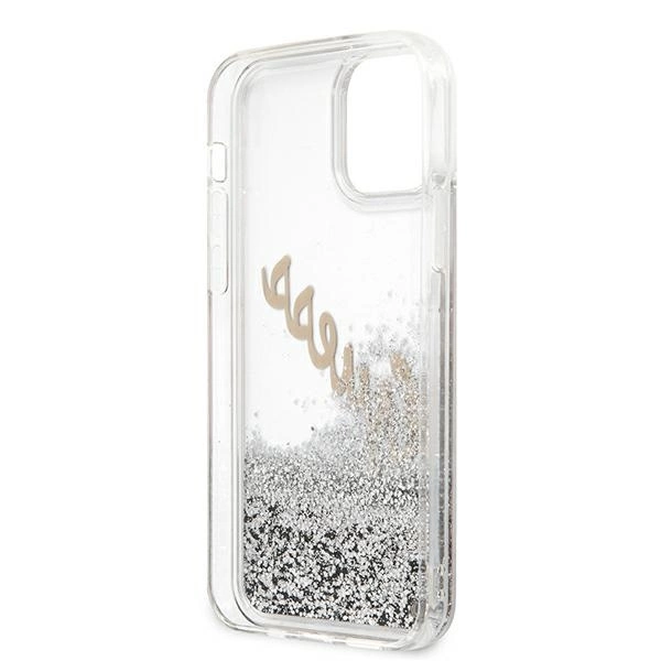 Etui Guess Glitter Vintage Script na iPhone 12 Pro Max - srebrne