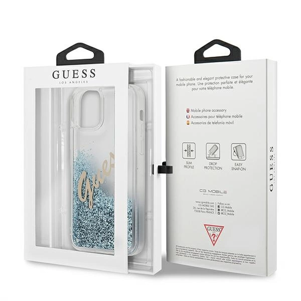 Etui Guess Glitter Vintage Script na iPhone 12 mini - niebieskie