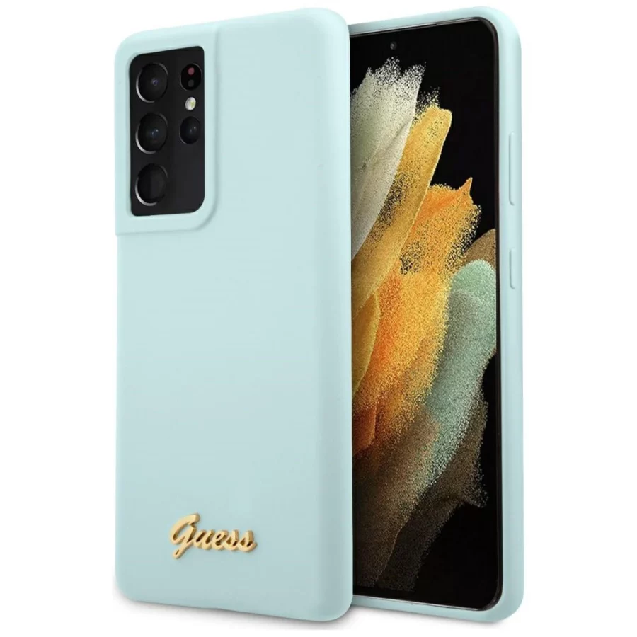 Etui Guess Silicone Script Metal Logo na Samsung Galaxy S21 Ultra - niebieskie