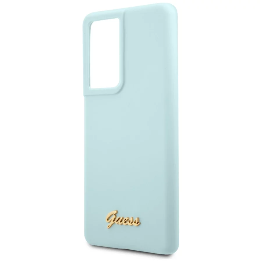 Etui Guess Silicone Script Metal Logo na Samsung Galaxy S21 Ultra - niebieskie