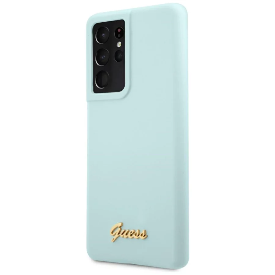 Etui Guess Silicone Script Metal Logo na Samsung Galaxy S21 Ultra - niebieskie