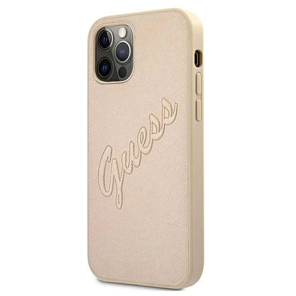 Etui Guess Saffiano Vintage Script na iPhone 12 Pro Max - złote