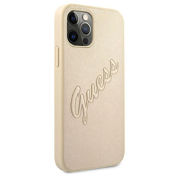 Etui Guess Saffiano Vintage Script na iPhone 12 Pro Max - złote