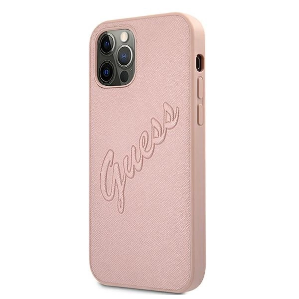 Etui Guess Saffiano Vintage Script na iPhone 12 Pro Max - różowe