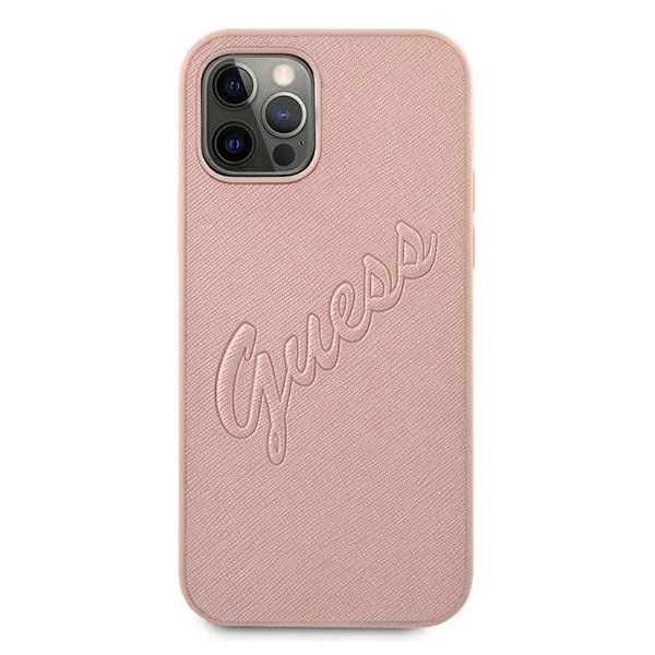 Etui Guess Saffiano Vintage Script na iPhone 12 Pro Max - różowe