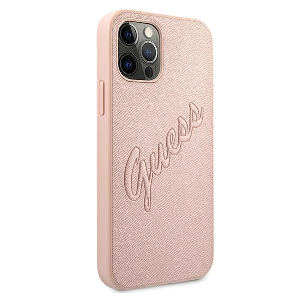 Etui Guess Saffiano Vintage Script na iPhone 12 Pro Max - różowe