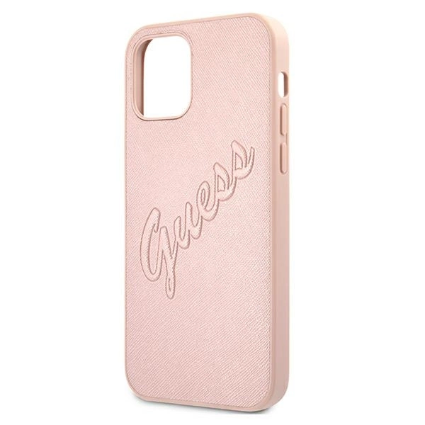 Etui Guess Saffiano Vintage Script na iPhone 12 Pro Max - różowe