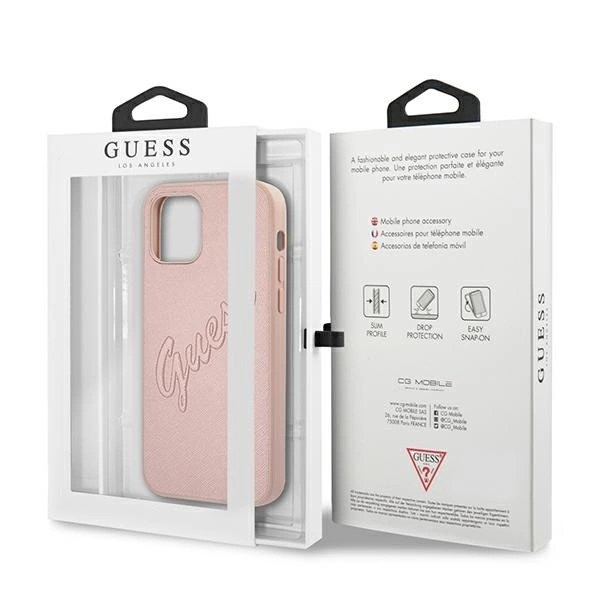 Etui Guess Saffiano Vintage Script na iPhone 12 Pro Max - różowe