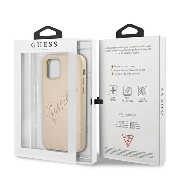Etui Guess Saffiano Vintage Script na iPhone 12 / iPhone 12 Pro - złote