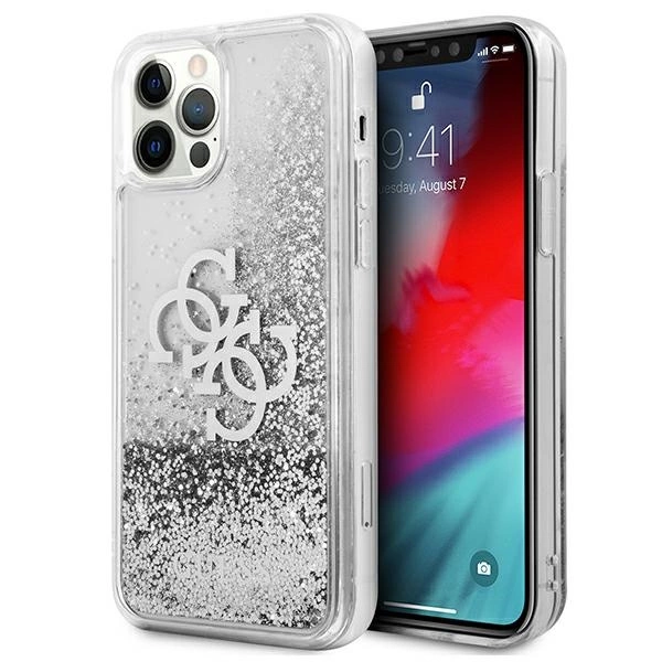 Etui Guess 4G Big Liquid Glitter na iPhone 12 Pro Max - srebrne