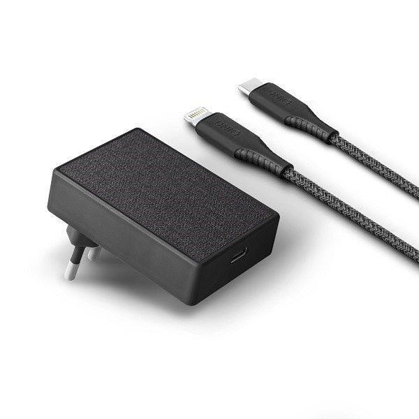 UNIQ ŁAD. SIEC. VOTRE SLIM USB-C PD 18W MFI + KABEL USB-C NA LIGHTNING CZARNY/CHARCOAL BLACK