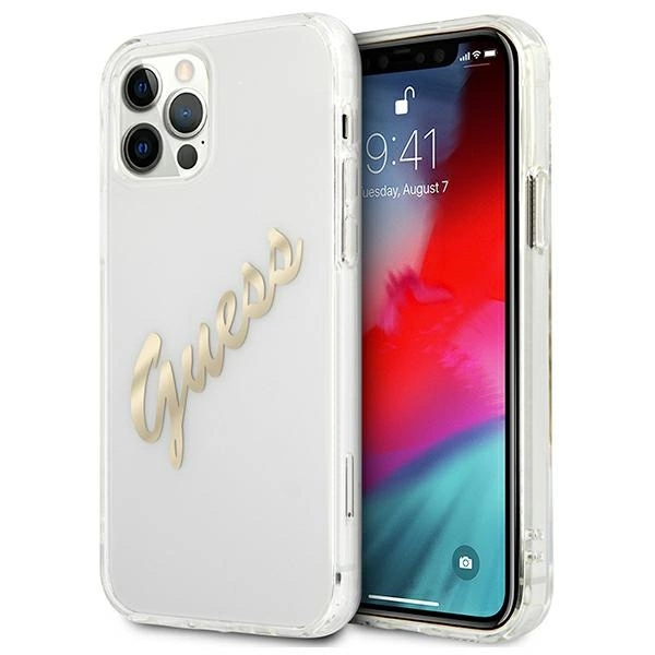 Etui Guess Vintage Script Gold na iPhone 12 Pro Max - przezroczyste