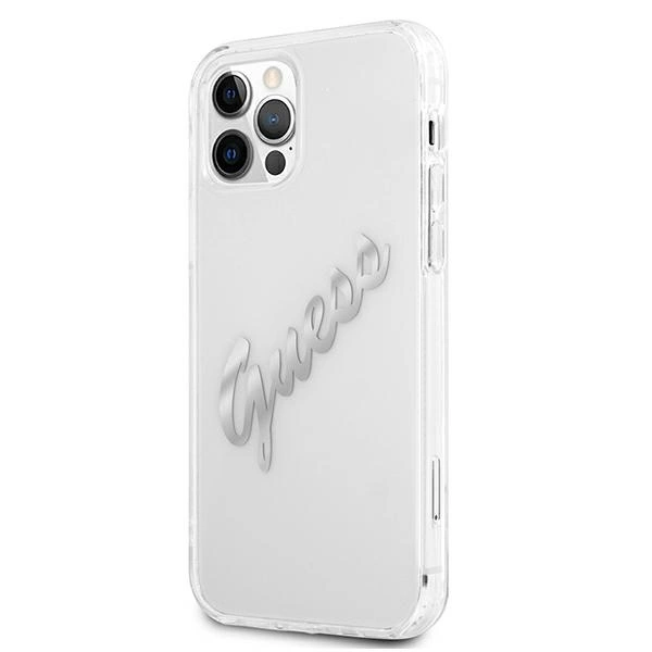Etui Guess Vintage Script Silver na iPhone 12 Pro Max - przezroczyste