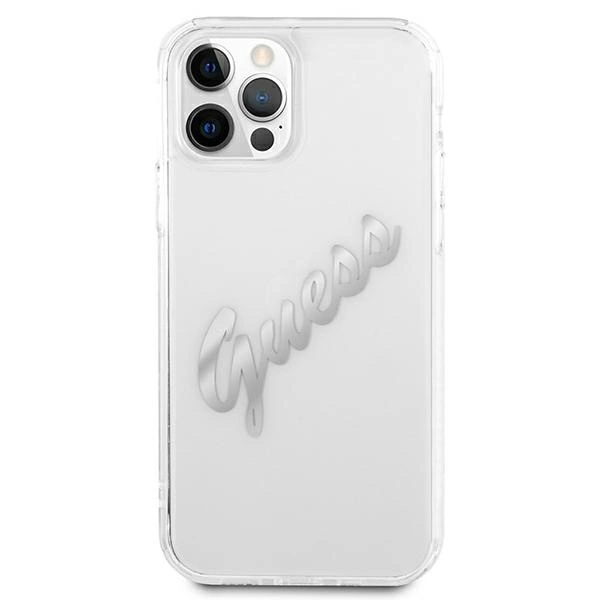 Etui Guess Vintage Script Silver na iPhone 12 Pro Max - przezroczyste