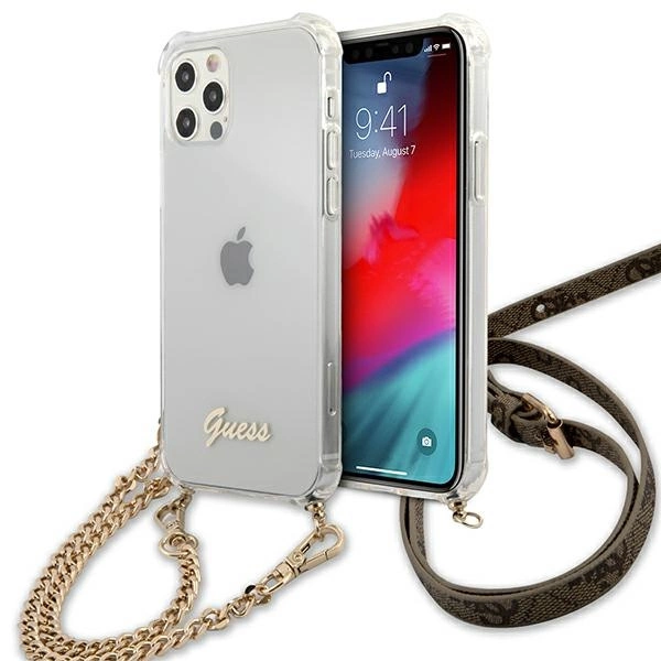Etui Guess 4G Brown Strap Gold Chain na iPhone 12 / iPhone 12 Pro - przezroczyste