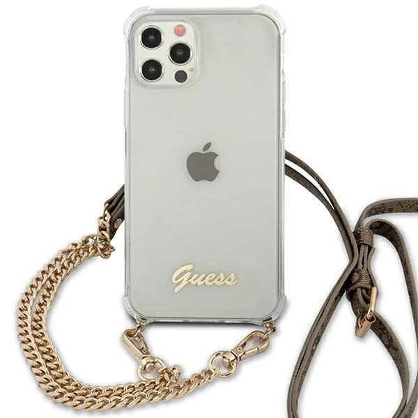 Etui Guess 4G Brown Strap Gold Chain na iPhone 12 / iPhone 12 Pro - przezroczyste