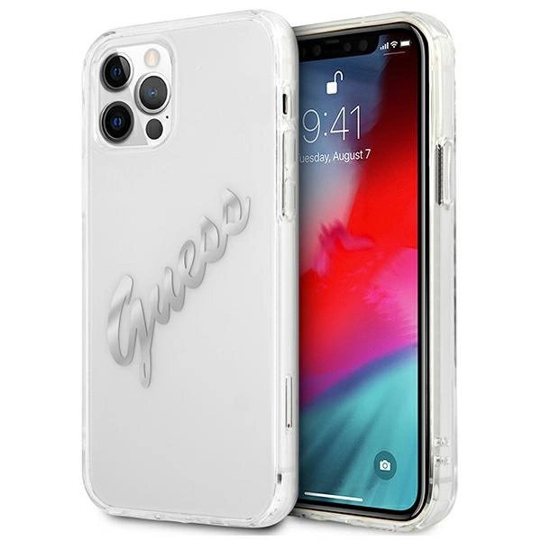 Etui Guess Vintage Script Silver na iPhone 12 / iPhone 12 Pro - przezroczyste