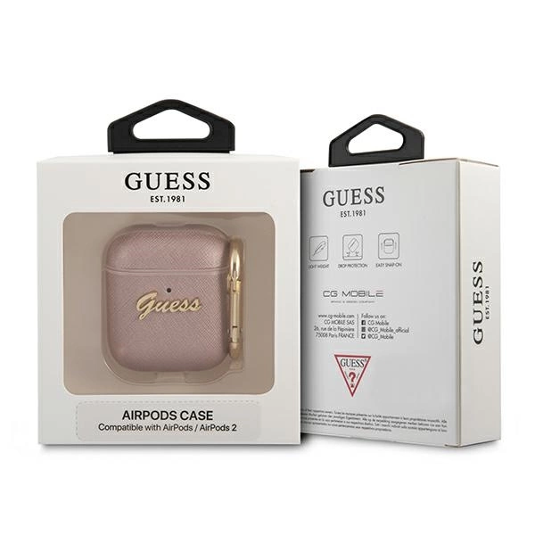 Etui Guess Saffiano Script Metal Collection na AirPods 1/2 - różowe