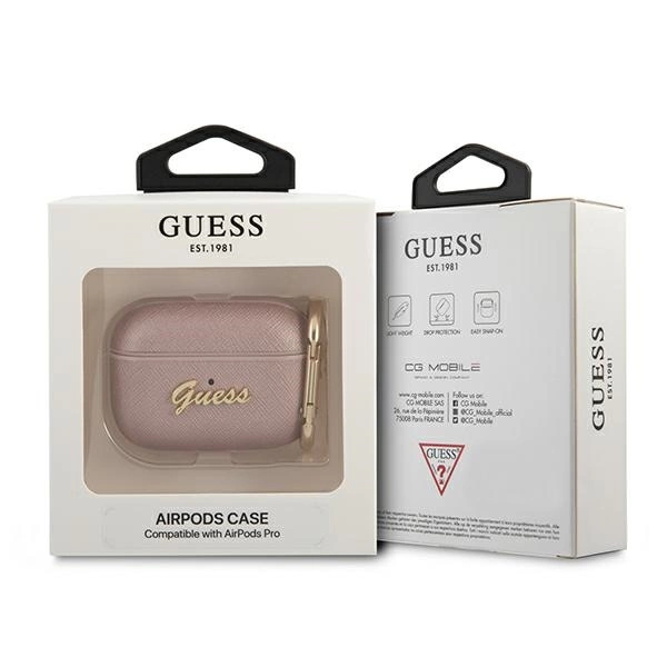 Etui Guess Saffiano Script Metal Collection na AirPods Pro - różowe