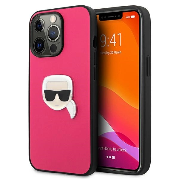 Etui Karl Lagerfeld Leather Ikonik Karl's Head Metal na iPhone 13 Pro / 13 6,1" - różowe