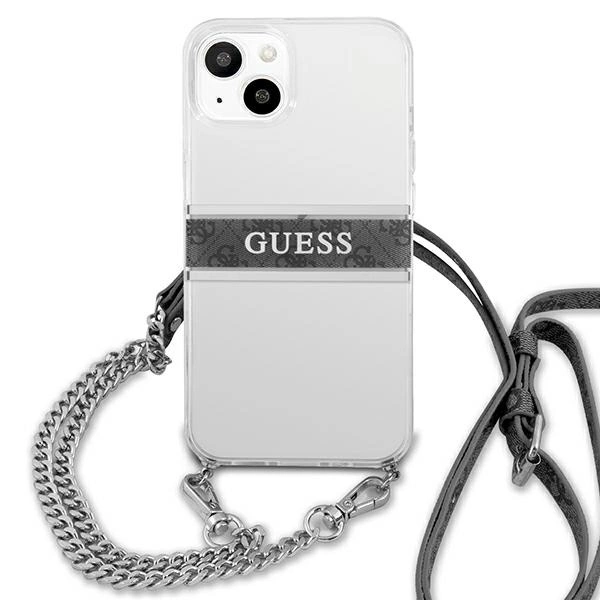 Etui Guess 4G Grey Strap Silver Chain na iPhone 13 mini - przezroczyste