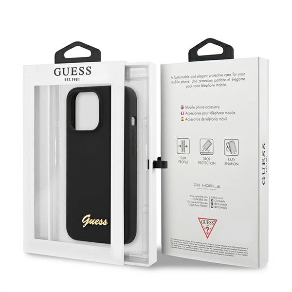 Etui Guess Silicone Script Gold Logo MagSafe na iPhone 13 Pro / iPhone 13 - czarne