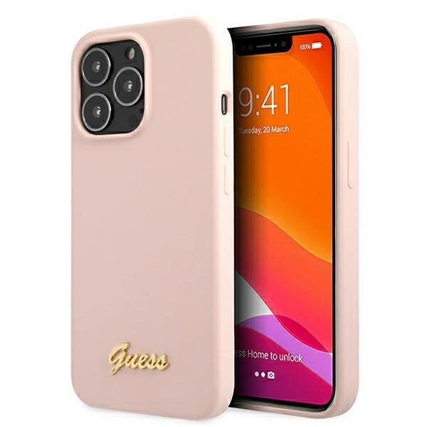 Etui Guess Silicone Script Gold Logo MagSafe na iPhone 13 Pro / iPhone 13 - jasnoróżowe
