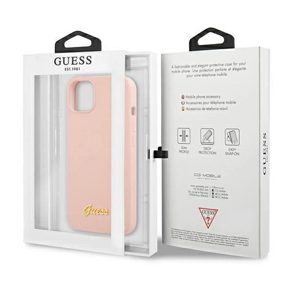 Etui Guess Silicone Script Gold Logo MagSafe na iPhone 13 - jasnoróżowe