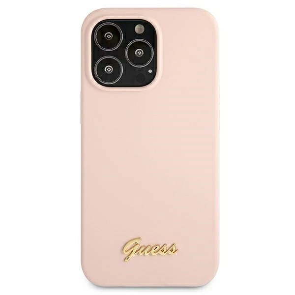 Etui Guess Silicone Script Gold Logo MagSafe na iPhone 13 Pro Max - jasnoróżowe