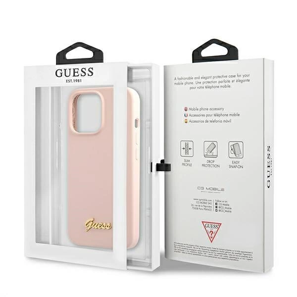 Etui Guess Silicone Script Gold Logo MagSafe na iPhone 13 Pro Max - jasnoróżowe