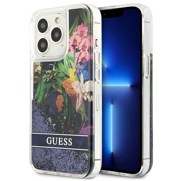 Etui Guess Flower Liquid Glitter na iPhone 13 Pro / iPhone 13 - niebieskie