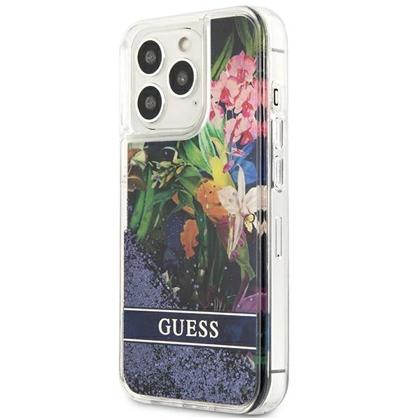 Etui Guess Flower Liquid Glitter na iPhone 13 Pro / iPhone 13 - niebieskie