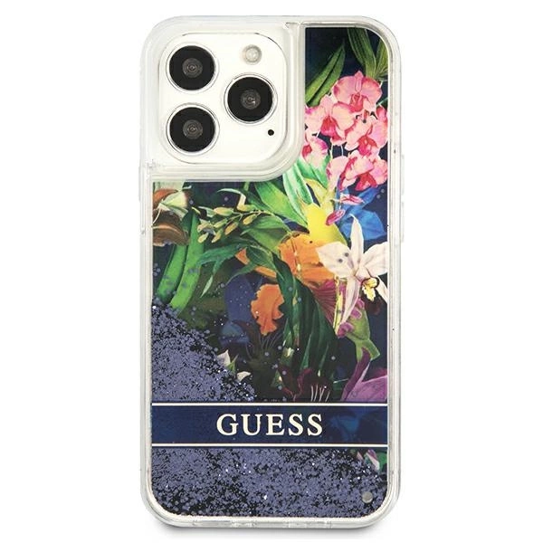Etui Guess Flower Liquid Glitter na iPhone 13 Pro / iPhone 13 - niebieskie